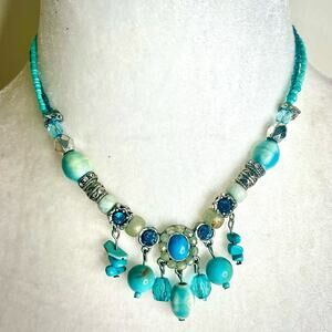 Blue Tones Various Shades Stone Rhinestone Seed Beaded Statement Necklace